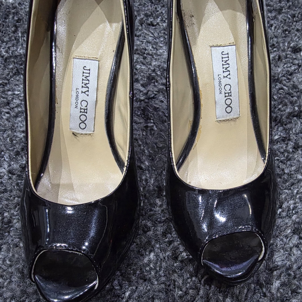 Jimmy Choo Shiny Black Peep Toe Heels